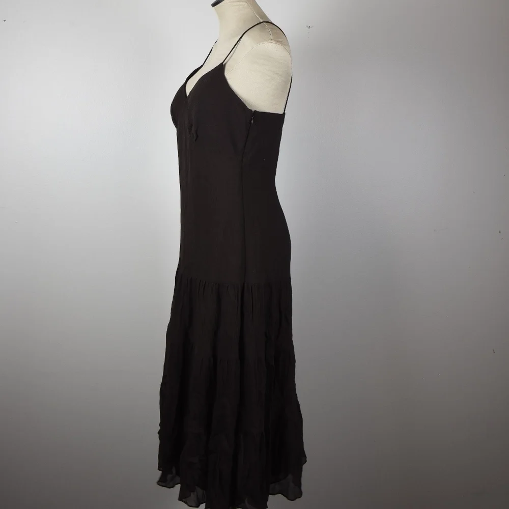 Michael Kors Brown Silk Midi Textured Dress Ruffle Botton 8 - Picture 2 of 4